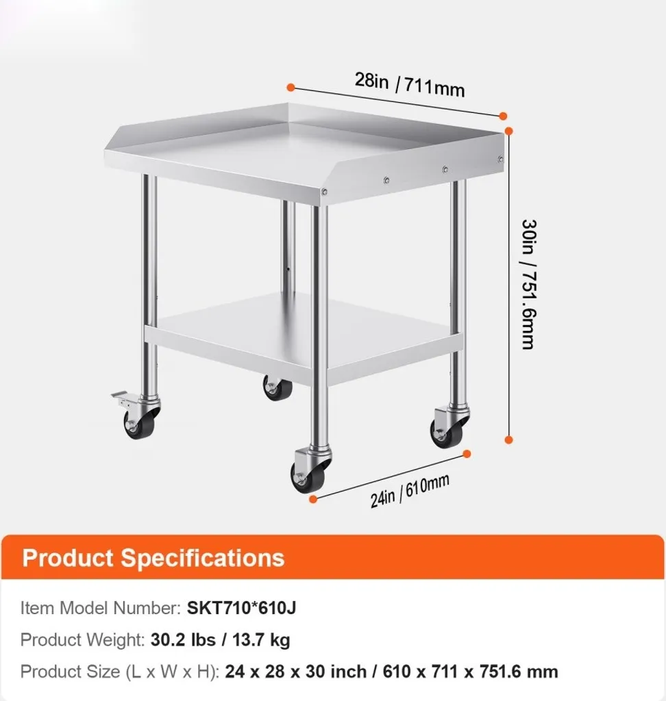 Table de préparation mobile inox pour restauration 610x711mm robuste