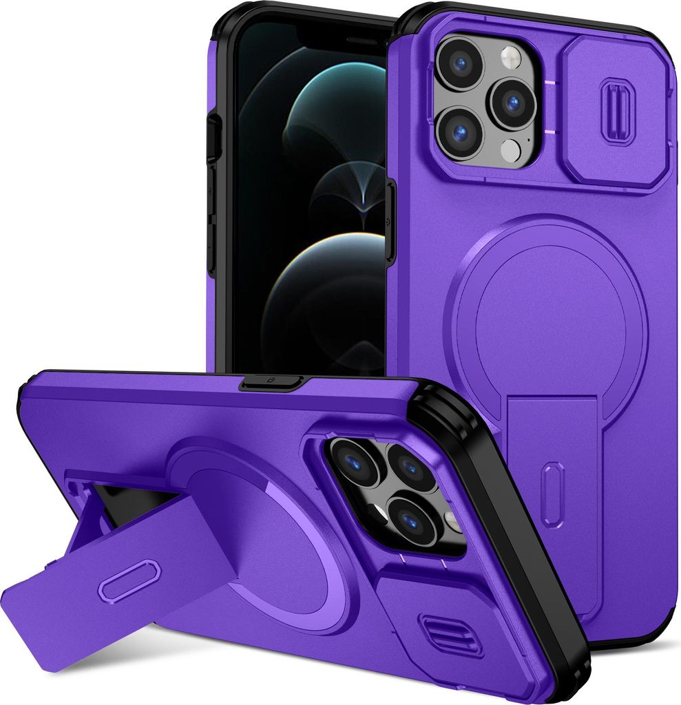 Magnetisch Hülle für iPhone 12 Pro Max, Dual Layer Stoßfest Handyhülle mit Dia Kameraschutz, Verstellbarem Ständer Lila