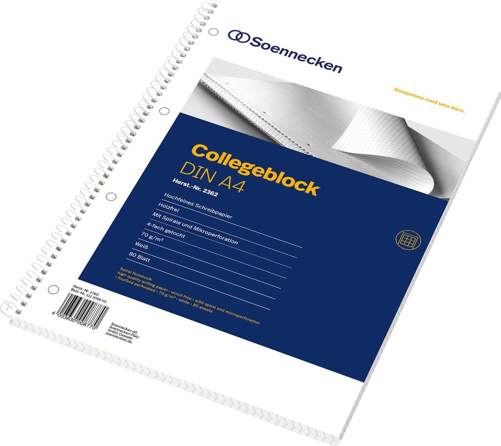 Collegeblock 2362 DIN A4 gelocht kariert 80 Blatt weiß Packung mit 10 Stück
