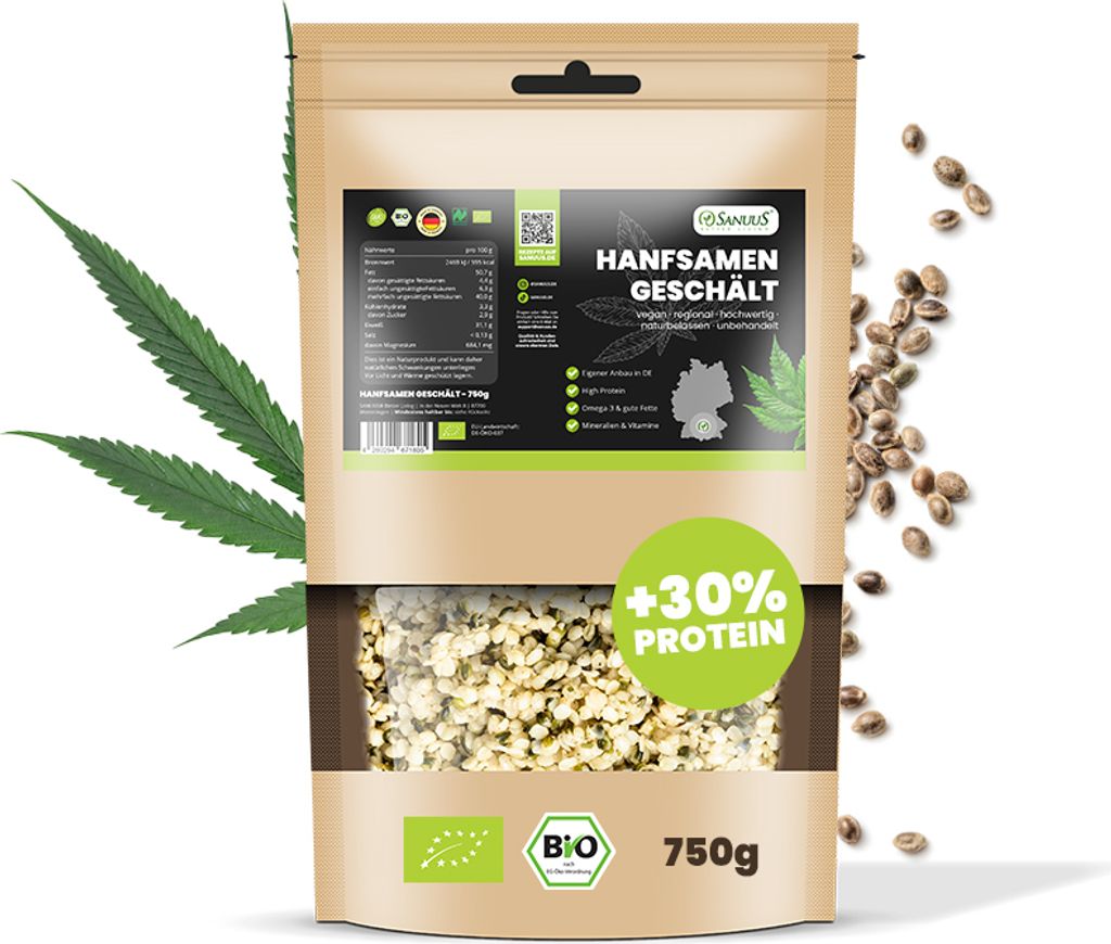 SANUUS Hanfsamen geschält 750g - naturbelassen & vegan Superfood aus Deutschland High Protein mit Vitaminen & Omega-3 Fettsäuren für Proteinshak...