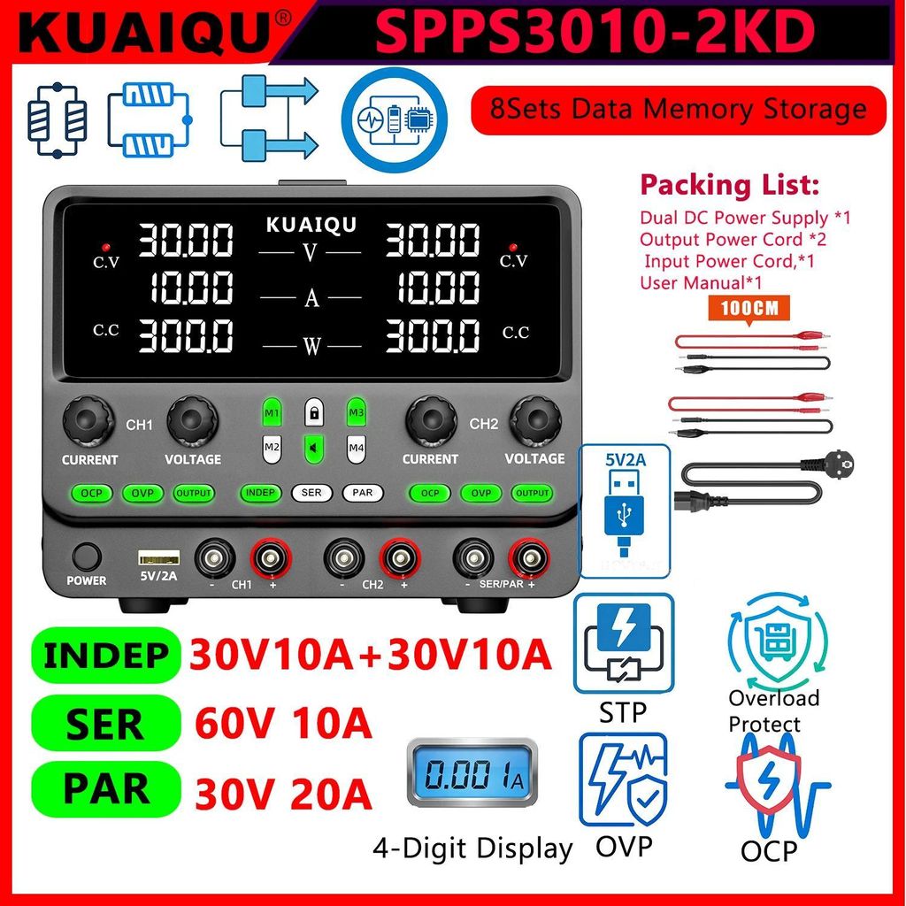 Labor-Netzgerät - SPPS3010-2KD - Programmierbares DC Labornetzteil - Duale Ausgänge - 30V 10A - RS232 RS485 USB - Seriell/Parallelbetrieb