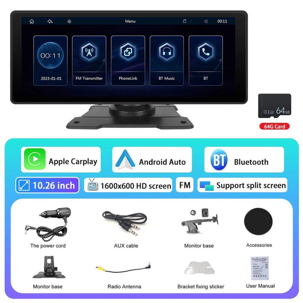 Autoradio/Autobildschirm MP5 - 1-DIN - Touchscreen 26,4 cm - 800x480 - Windows CE - USB - Mit 64 GB TF-Karte - Rückfahrkamera-Eingang - Weiß