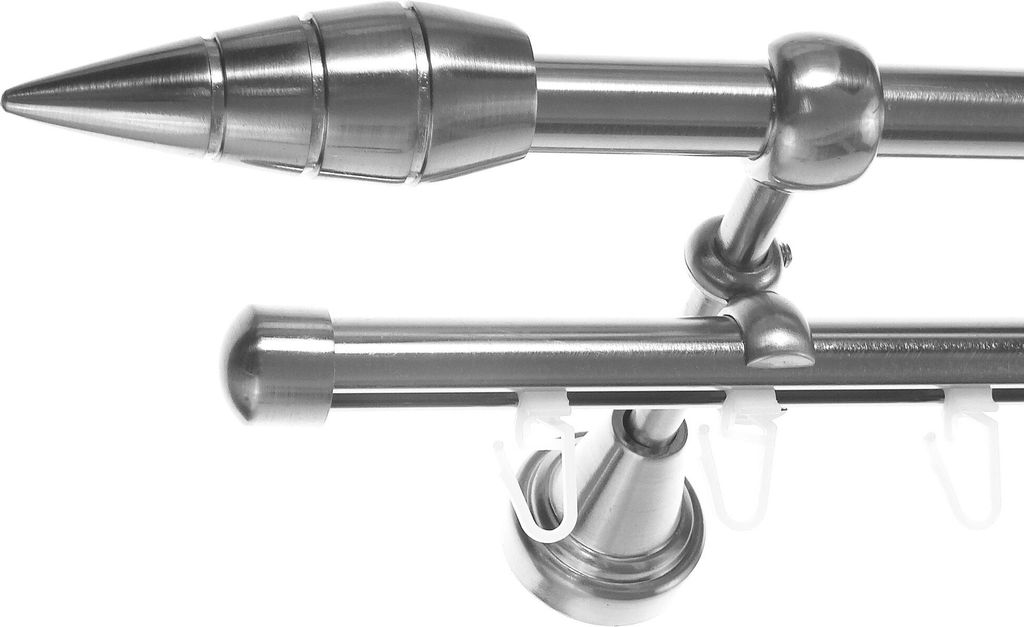Gardinenstange Rohr und Innenlauf Edelstahl Look, Metall, Durchmesser 16mm, Wandträger H14RI, 2-läufig, Länge 280, Endkappe E18