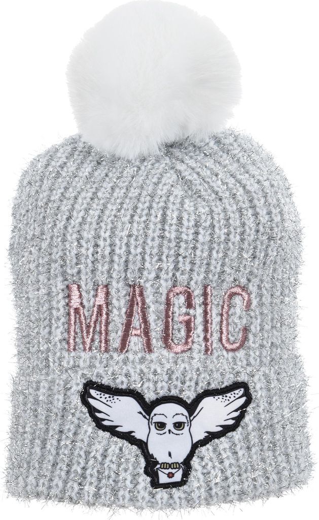 Harry Potter Hedwig Kinder Wintermütze Mädchen | Bommel Strickmütze Magic Glitzer | Warm Weich , Farbe:Weiß, Größe:52