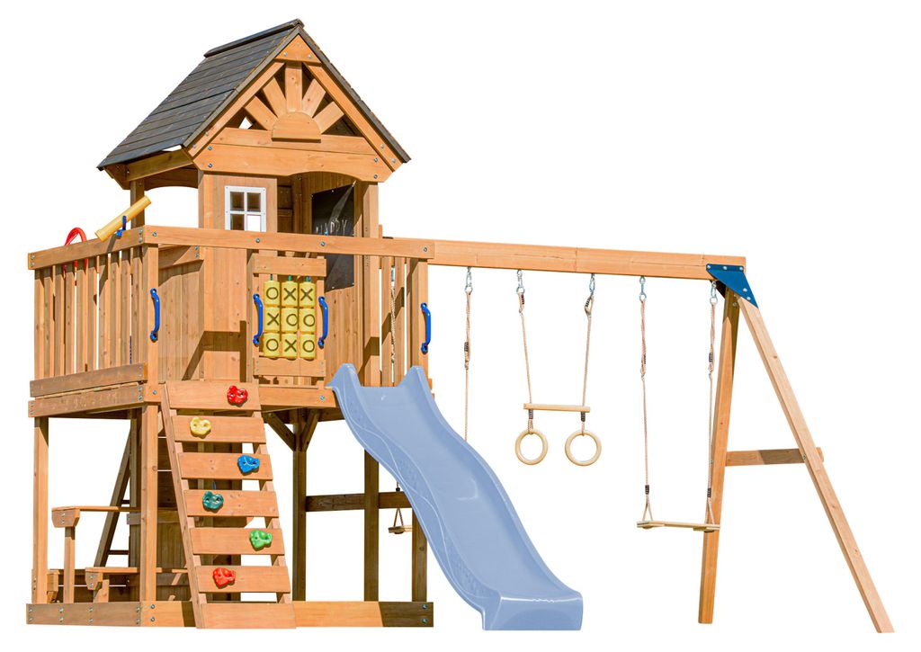 AXI Jack Spielturm aus Holz in Braun mit Doppelschaukel | Spielplatz für Kinder mit Pastellblau Rutsche, Schaukel, Trapez, Kletterwand, Picknickti...
