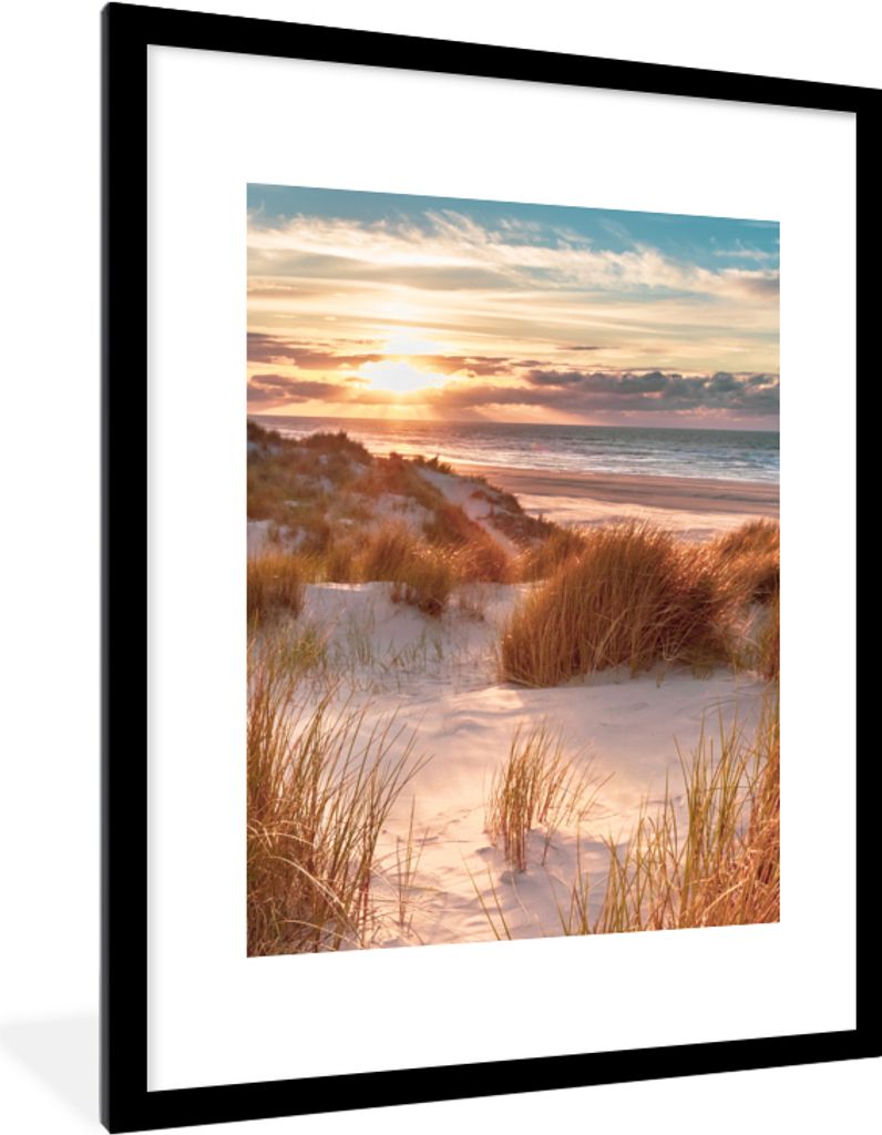 MuchoWow Gerahmtes Poster Düne - Pflanzen - Sonnenuntergang - Strand - Meer 60x80 cm - Poster mit Schwarzem Bilderrahmen Wandposter Rahmen Foto ...