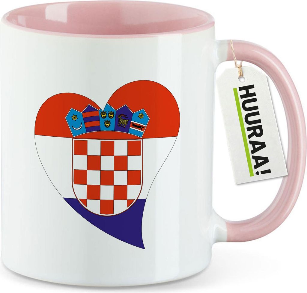 Huuraa Kaffeetasse Kroatien Flagge Herz 330ml Rosa Keramik Kaffeebecher Geschenkidee