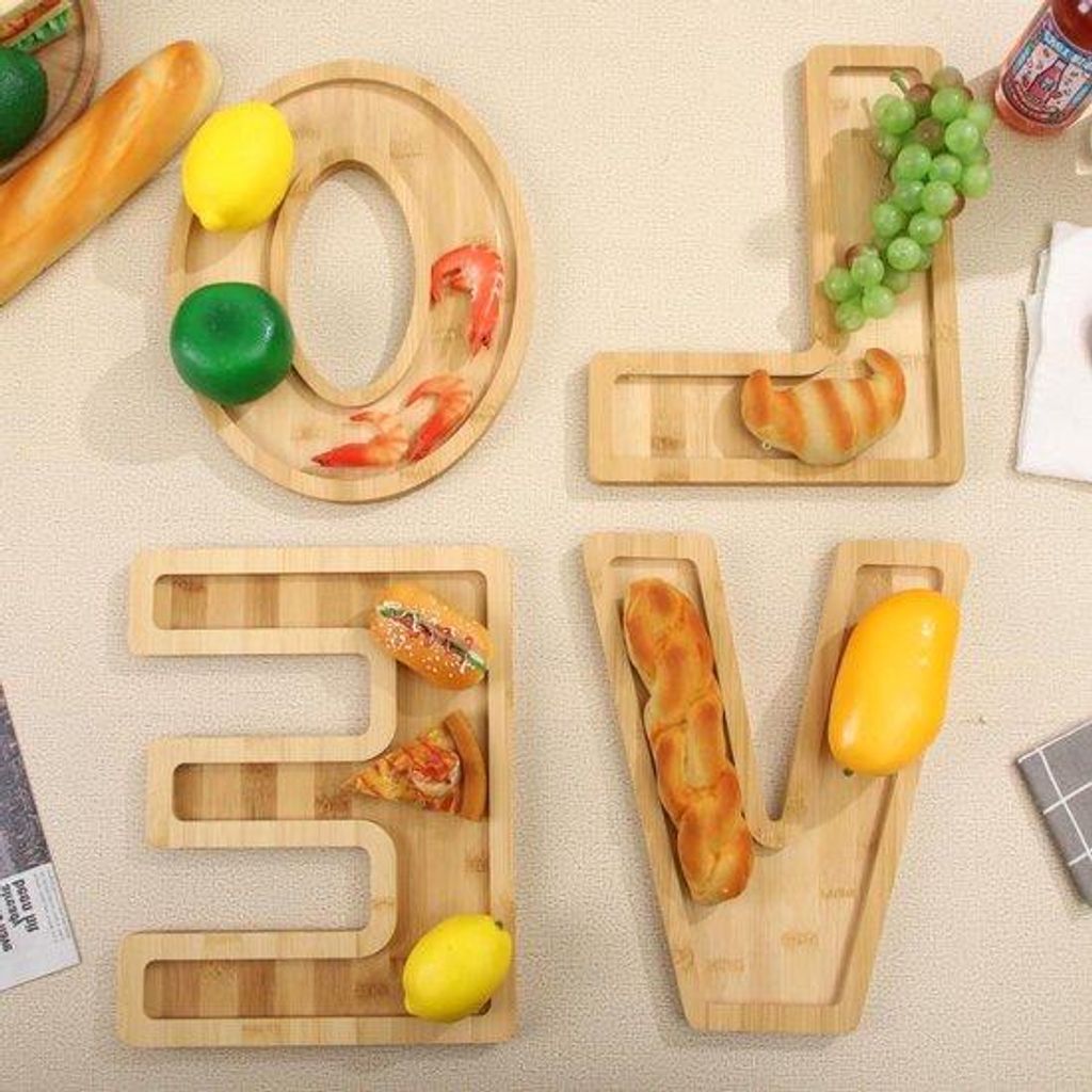 Alfabetische Houten Dekplaat für Obstsalat - 4 Stück, Dekorative Schrift, Füllbar - Baby-Shower und Halloween-Thema - Liebes Design