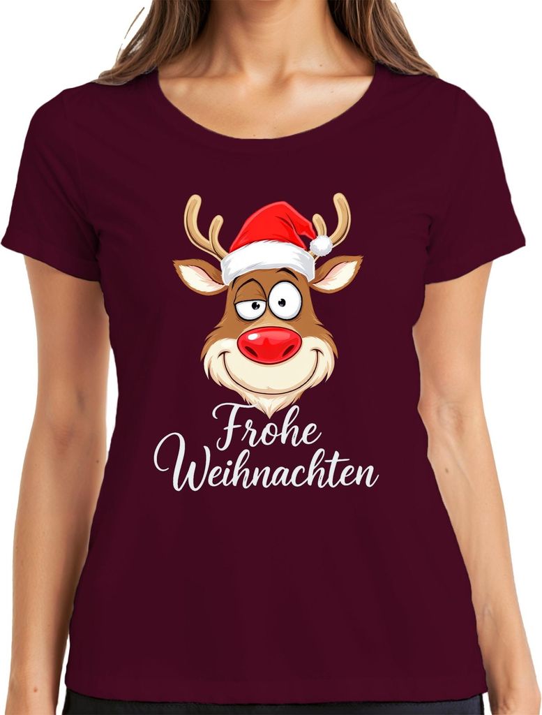 Frohe Weihnachten Rentier Rudolph Weihnachtsmütze Lustig Cartoon Damen T-Shirt, Burgundy, M