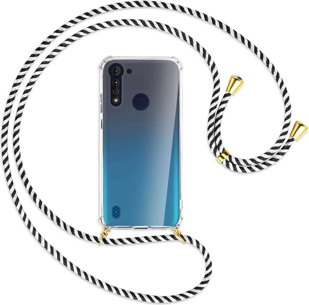 Handykette Backcover-Schutzhülle mit Band (Metall goldfarben) für Motorola Moto G8 Power Lite - schwarz/weiß gestreift