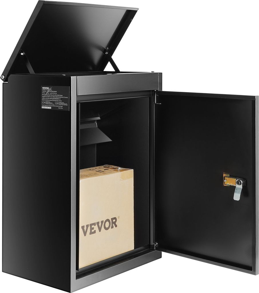 A black parcel mailbox with its door open, showing a cardboard box inside.