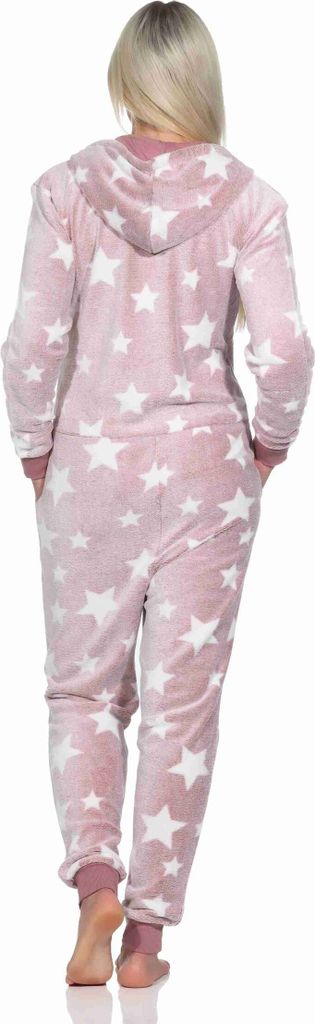 Damen Schlafanzug Jumpsuit Overall in Sterneoptik aus kuschelig warmen ; rosa , 40