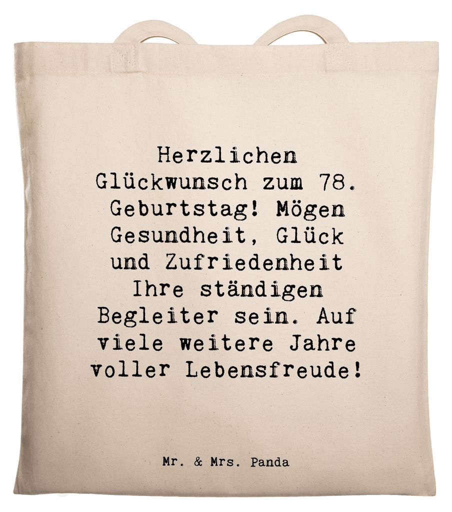 Mr. & Mrs. Panda Tote Bag Spruch 78. Geburtstag - Transparent - Geschenk, Jutebeutel, Alter, 78 Jahre alt, Tasche, Jutetasche, Gesundheit, Jubiläu...