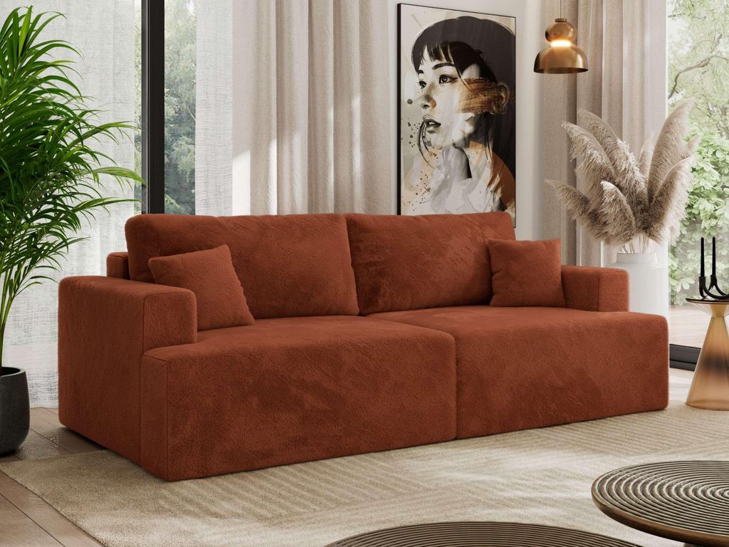 MKS MEBLE Sofa VIRELLA mit DL-Schlaffunktion und Bettkasten, 4-Sitzer Sofa, lose Kissen, Schlafsofa 240 x 115 x 88 cm - Orange Plüsch