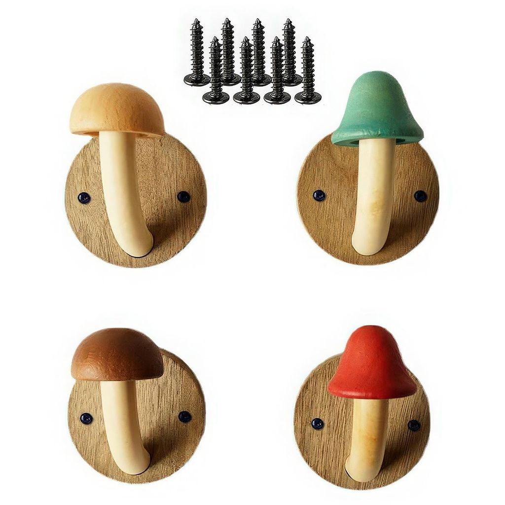 Holz-Pilz-Handtuchhaken, Pilzförmige Kleiderhaken aus Massivholz, Wandmontierter bunter Handtuchhalter, Set mit 4 Haken und 8 Schrauben