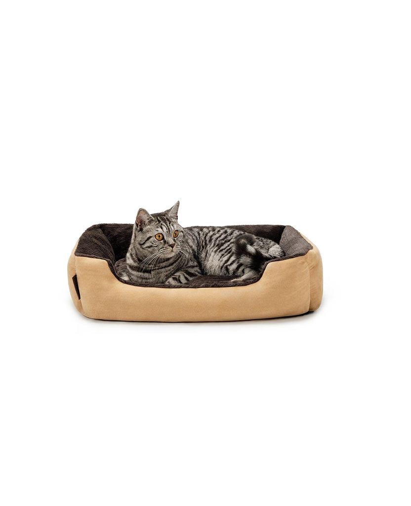 lionto Katzenbett, weiches Kuschelbett mit herausnehmbarem Wendekissen & Anti-Rutsch-Boden, pflegeleicht & modern, 60x48 cm, beige/braun