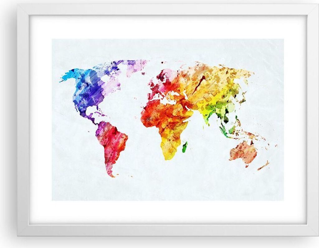 Gerahmtes Poster - Weißer Rahmen - Welt Karte Bunt Kontinente - 40x30 cm - Wand Bild - Wanddeko - Wandbilder - Wandposter - Bilderrahmen - Bilder ...