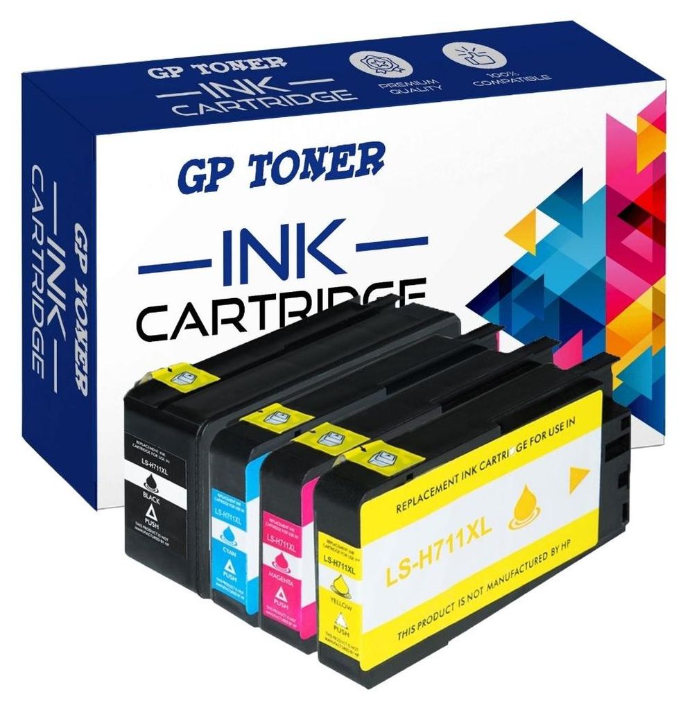 A box of GP Toner ink cartridges with four cartridges displayed in front of it.