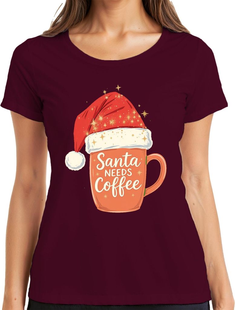 Santa Needs Coffee Weihnachtsmann Kaffee Weihnachten Geschenk Damen T-Shirt, Burgundy, S