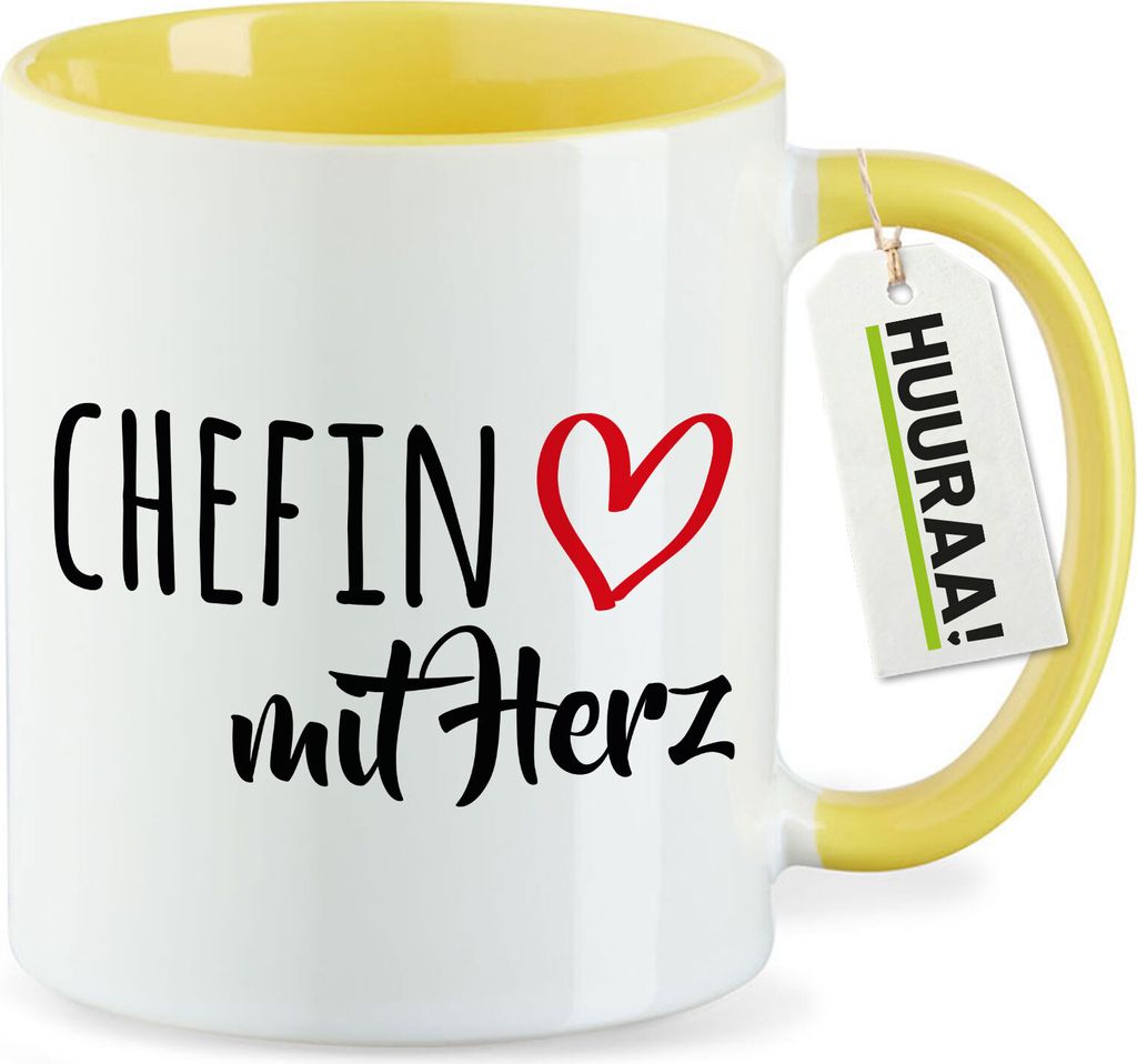 Huuraa Kaffeetasse Chefin mit Herz 330ml Gelb Keramik Kaffeebecher Geschenkidee