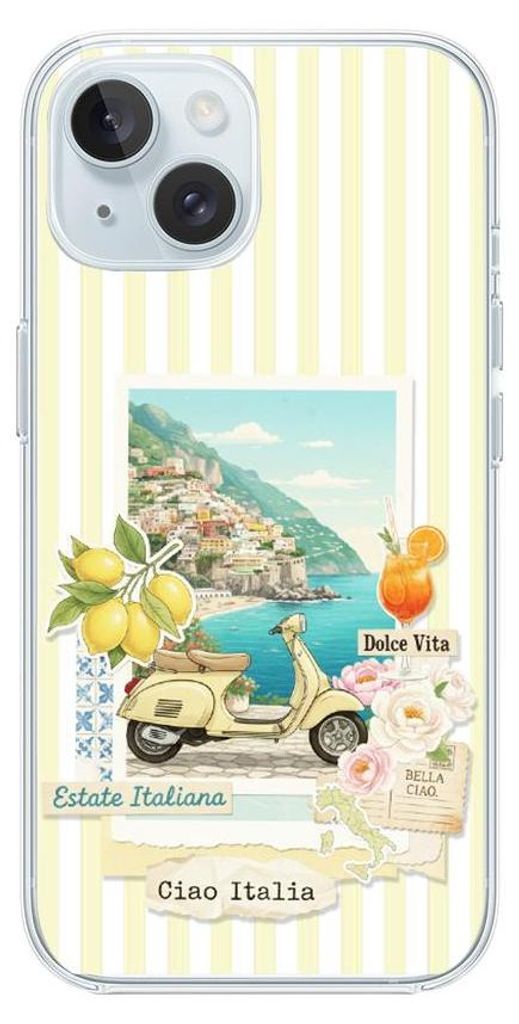 Flexible Hülle für das iPhone 15 Plus, TPU Silikon transparent, Urlaub in Italien, Roller, Ciao Italia