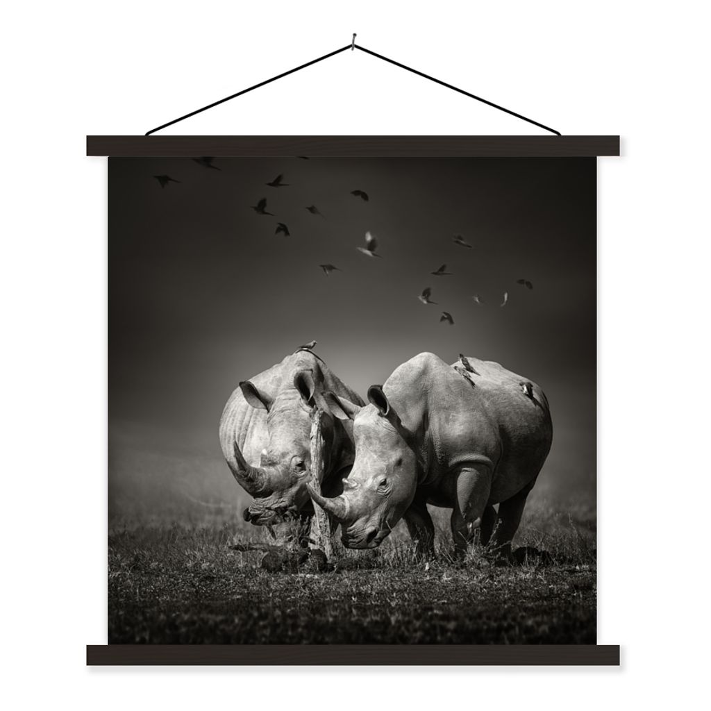 MuchoWow Textilposter Nashorn - Vogel - Tiere - Landschaft - Schwarz-Weiß 40x40 cm mit schwarzem Rahmen - Fotos
