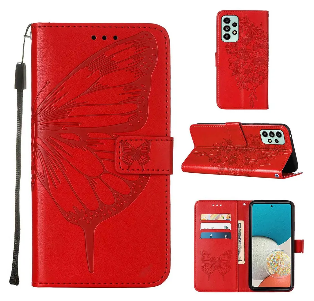 Galaxy A53 5G Case, Butterfly Relief Flip Custodia in pelle con slot per schede e stand per Samsung Galaxy A53 5G Red