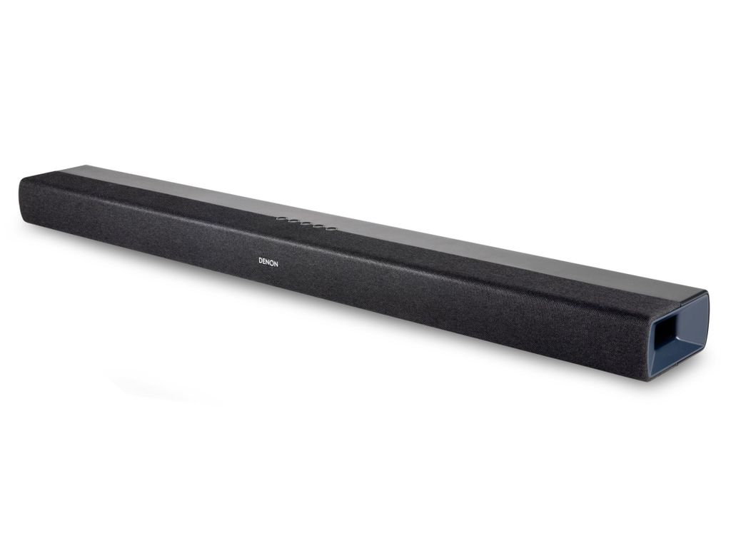 A black Denon soundbar is shown against a white background.