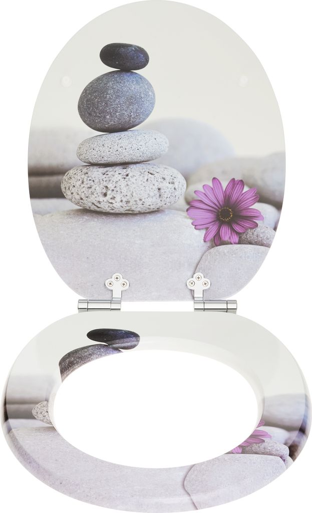 A toilet seat with a design of stacked stones and a purple flower.