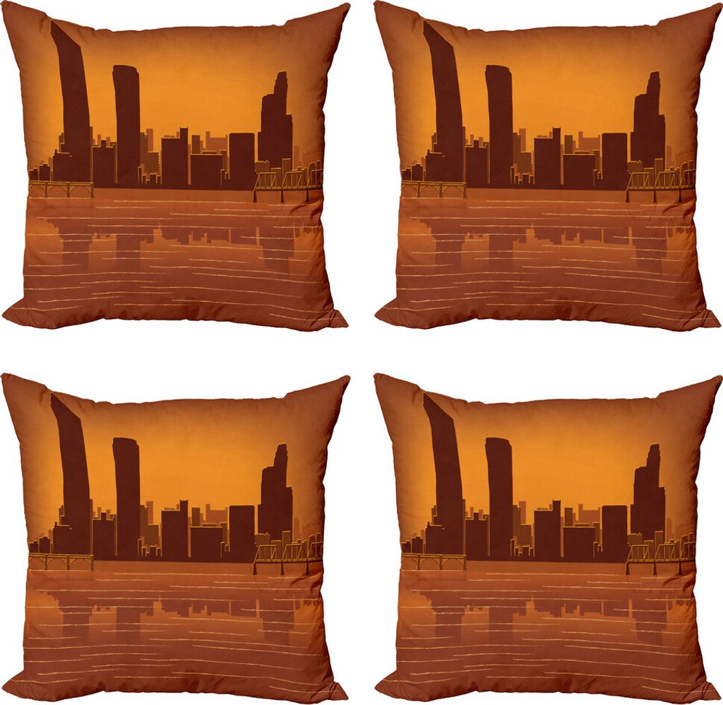 ABAKUHAUS Michigan Kissenbezug Set (4 Stück), Skyline und Reflexion, Moderner Doppelseitiger Digitaldruck, 40 cm x 40 cm, Burnt Orange und Braun