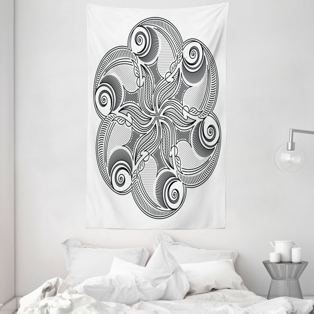 ABAKUHAUS Schwarz und weiß Wandteppich und Tagesdecke, floral Mandala aus Weiches Mikrofaser Stoff Waschbar ohne Verblassen Digitaldruck, 140 x 23...