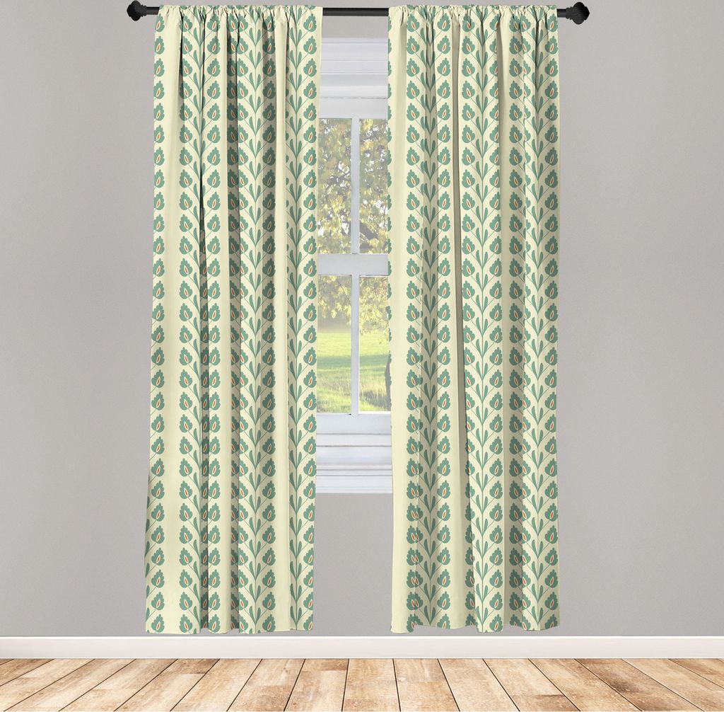 ABAKUHAUS Blumen Vorhänge, Gardinen, Vertikale gewellte Verzierungs-Linien und grafische Blumen auf Niederlassungs-Muster, 2 Stück 75 x 225 cm, ,...