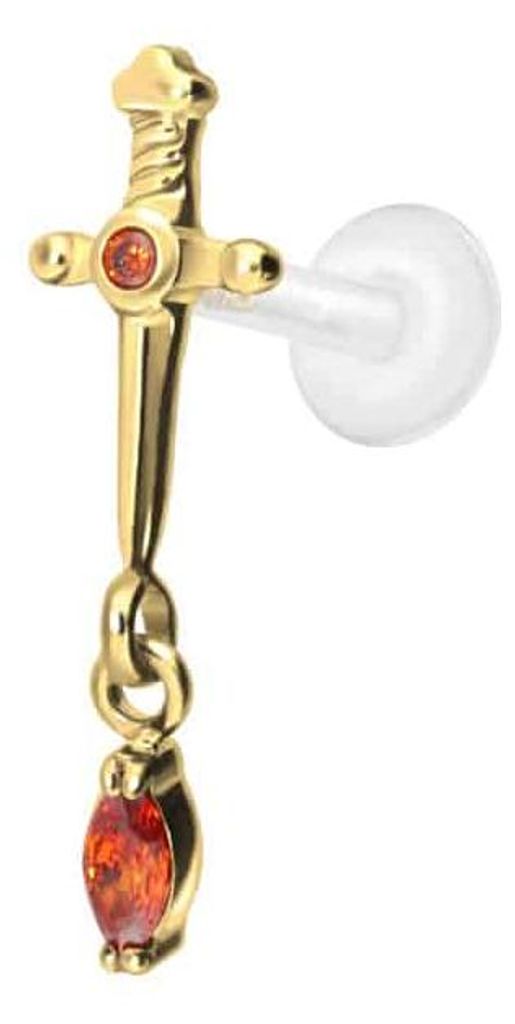 Ohrpiercing, Nasenpiercing PTFE Labret mit Innengewinde + Titan-Aufsatz DOLCH + KRISTALLTROPFEN Gold Stablänge: 7mm | Stabstärke: 1,2mm