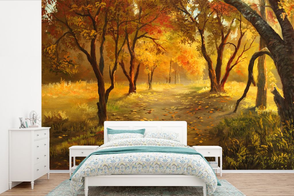 MuchoWow Fototapete für Wohnzimmer oder Schlafzimmer Wandtapete Vinyl Motivtapete Eine Illustration eines Waldes im Herbst - 450x300 cm - Gemust...
