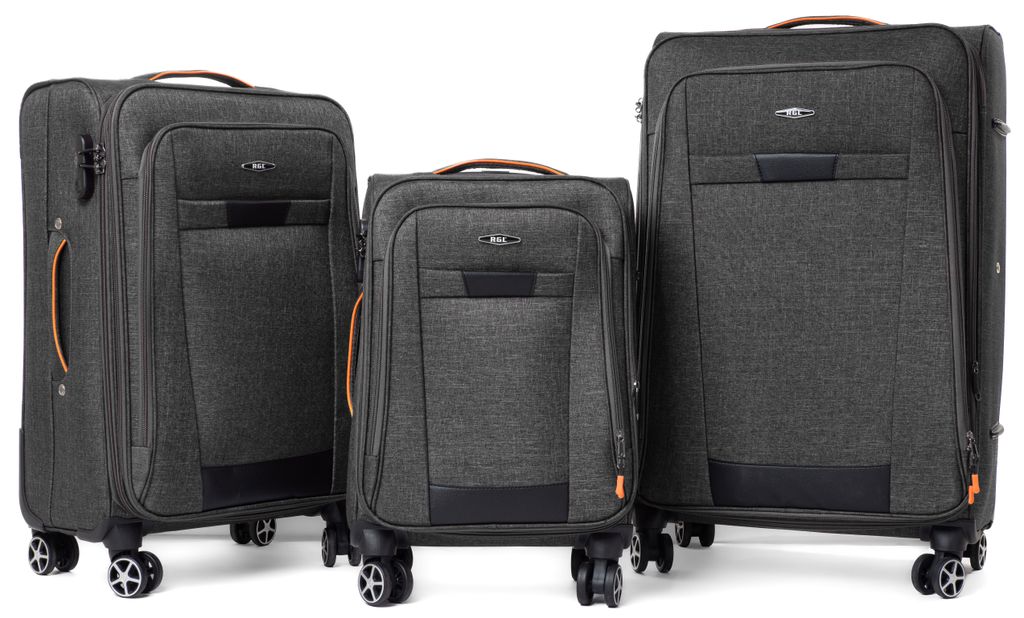 Three suitcases of varying sizes are displayed against a white background.