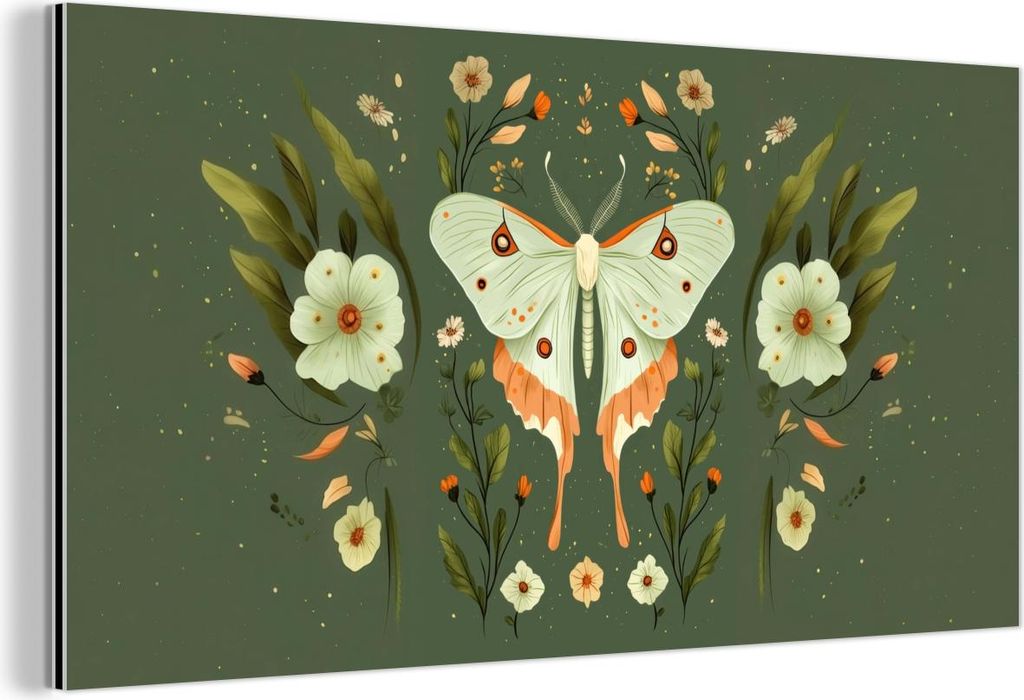 MuchoWow Wanddekoration Metall Metallbild Wandkunst 120x60 cm Blumen - Blätter - Olivgrün - Schmetterling MuchoWow Aluminium Gemälde - Metalbilder