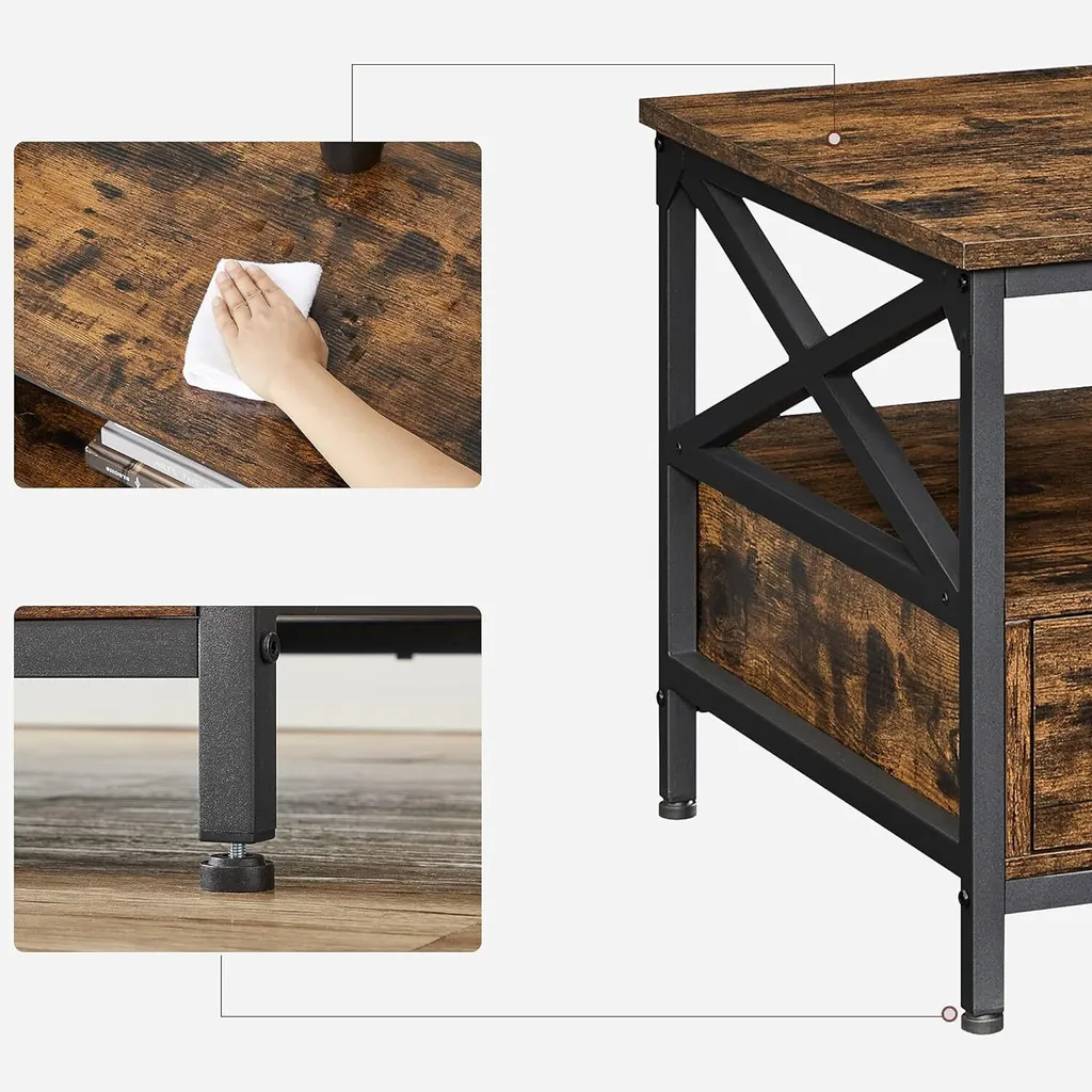 Table Basse avec Tréteaux en X et Double Tiroir de Rangement 100cm - 4
