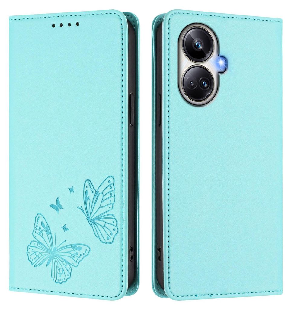 Lederhülle für Realme 10 Pro+, Schmetterling Prägung Leder Brieftasche Schutzhülle mit Ständer Türkis