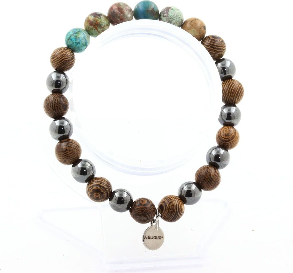 Armband aus namibischem Chrysokoll + Hämatitperlen + 8 mm Holz