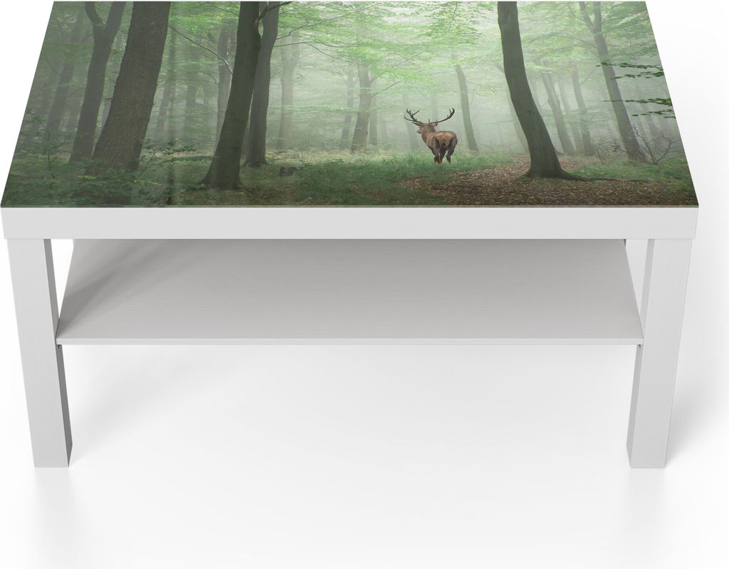 DEQORI Couchtisch 90x55 cm Weiß 'Hirsch zwischen Bäumen' Glas Beistelltisch
