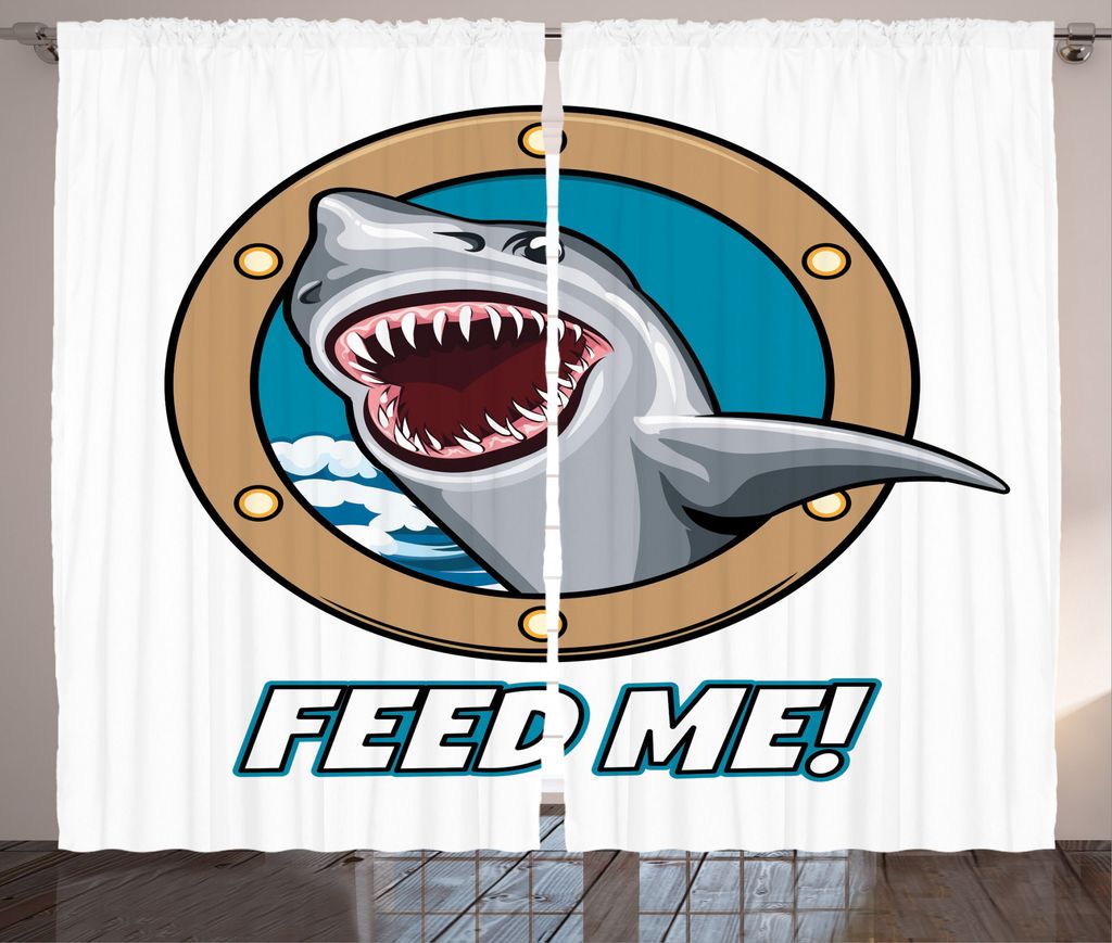 ABAKUHAUS Karikatur Rustikaler Gardine, Feed Me Wörter Shark, Schlafzimmer Kräuselband Vorhang mit Schlaufen und Haken, 280 x 175 cm, Mehrfarbig
