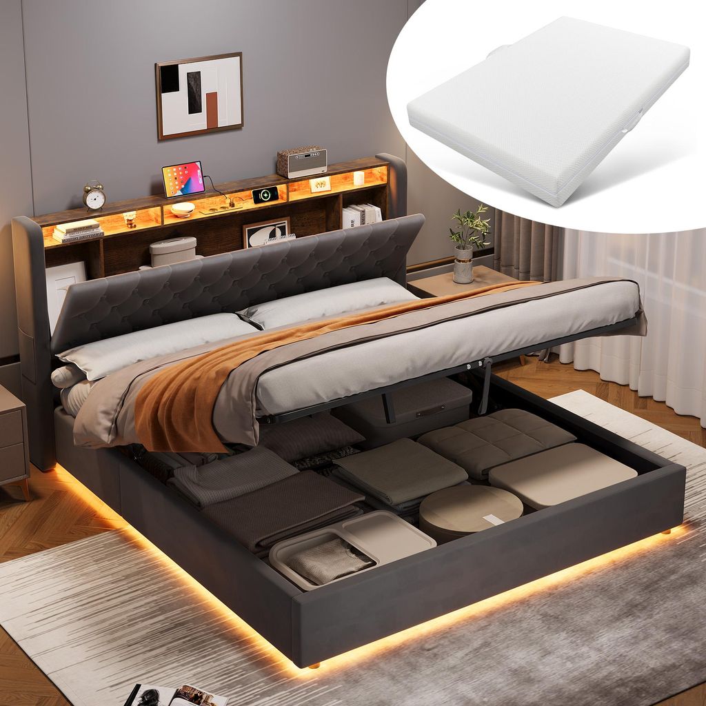 STILVORA Polsterbett 180x200 cm mit Matratze Bettgestell mit Bettkasten&LED,Jugendbett mit Stauraum,Steckdose & klappbarem Kopfteil,Samt,Metall&Holz