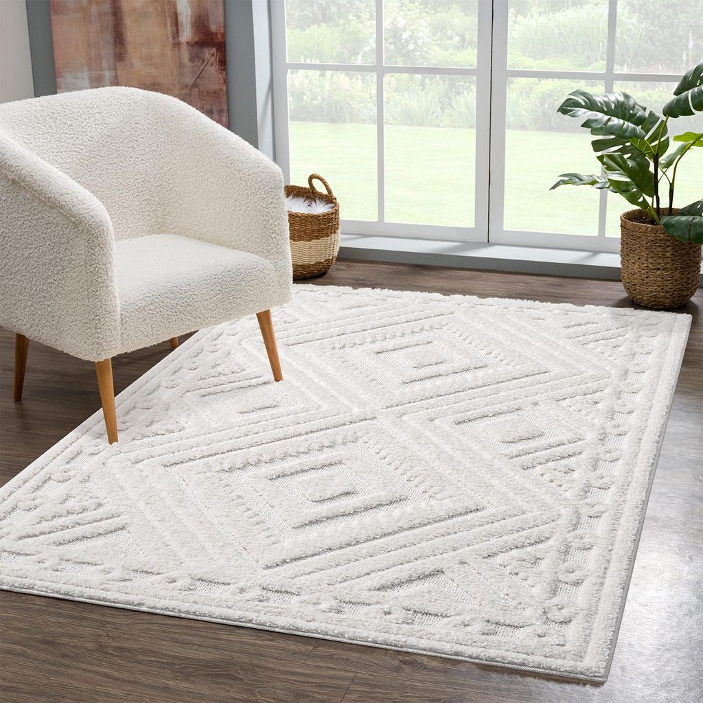 Teppich Hochflor Wohnzimmer - 160x230 cm - Weiß/ Creme - Produktbild 