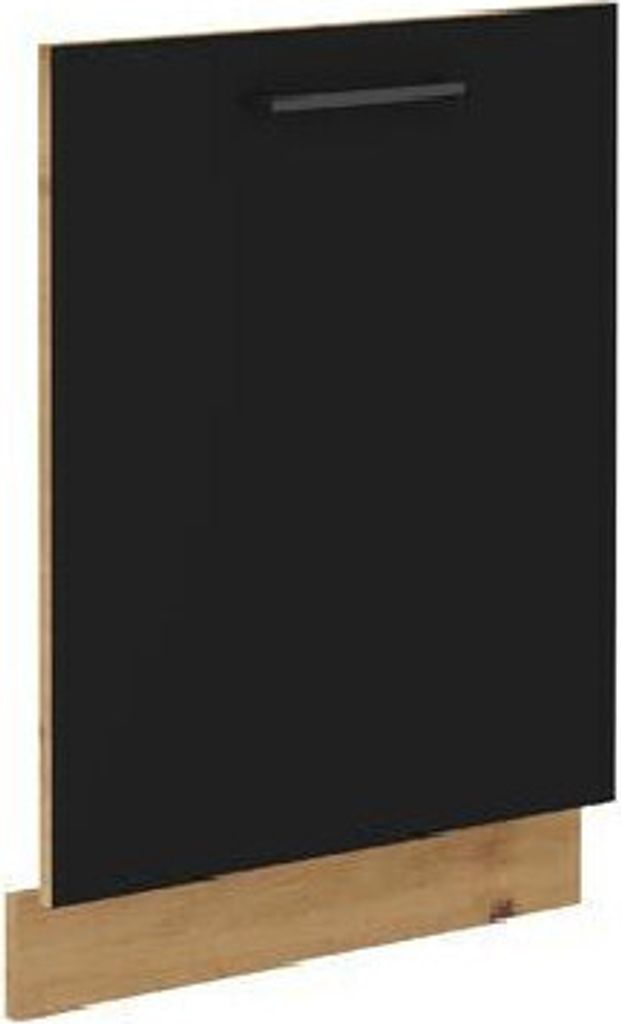 A black dishwasher door with a wooden base.