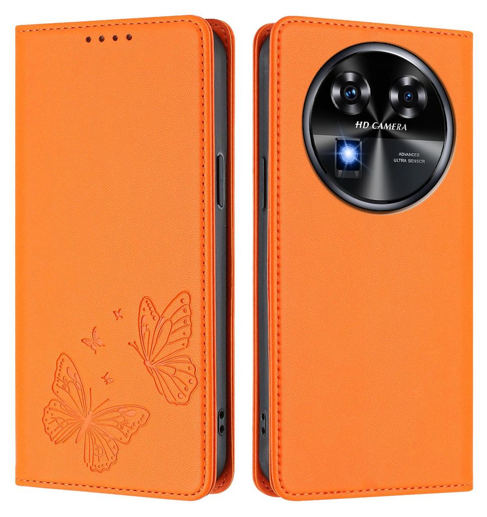 Lederhülle für Oukitel C37, Schmetterling Prägung Leder Brieftasche Schutzhülle mit Ständer Orange
