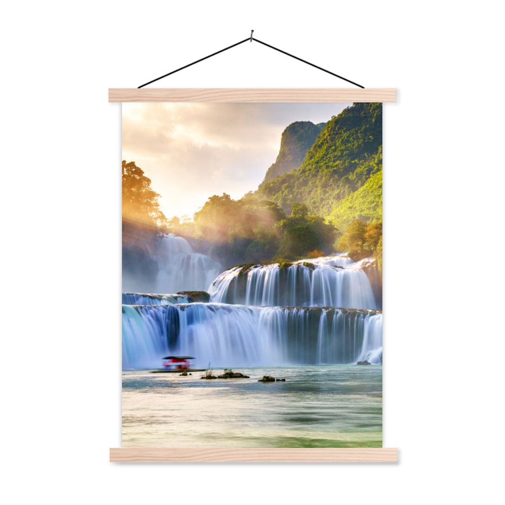MuchoWow Textilposter Wasserfall - Pflanzen - Sonne - Wasser - Natur 120x160 cm mit holzfarbenen Rahmen - Plakatkarton