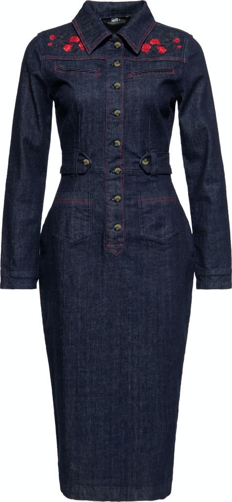 QUEEN KEROSIN Feminin Betontes Jeans-Bleistiftkleid Mit Floraler Stickerei Im Western-Stil Roses Denim S