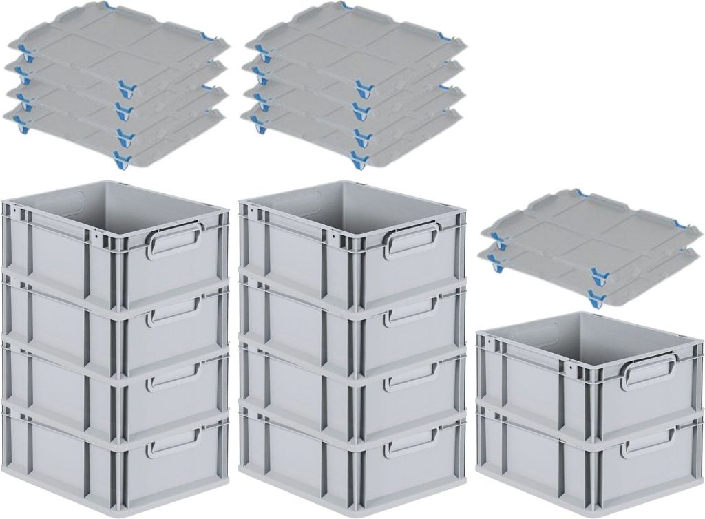 SparSet 10x Eurobox NextGen Economy mit Auflagedeckel und 4x Schiebeschnappverschlüsse Blau | Griffe geschlossen | HxBxT 17x30x40cm | 16 Liter | E...