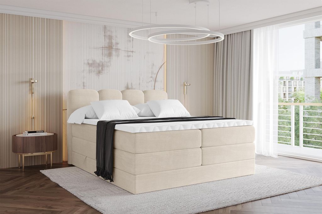 ALTDECOR Boxspringbett - H3/H4 Matratze und Topper - NINA KING - 140x200 - Beige - Doppelbett, Boxbett, Polsterbett mit Bettkasten mit Stauraum und...