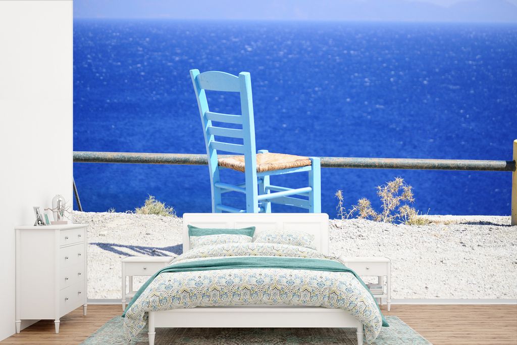 MuchoWow Fototapete für Wohnzimmer oder Schlafzimmer Wandtapete Vinyl Motivtapete Blick auf das strahlend blaue Meer und einen Stuhl auf Kos - 3...